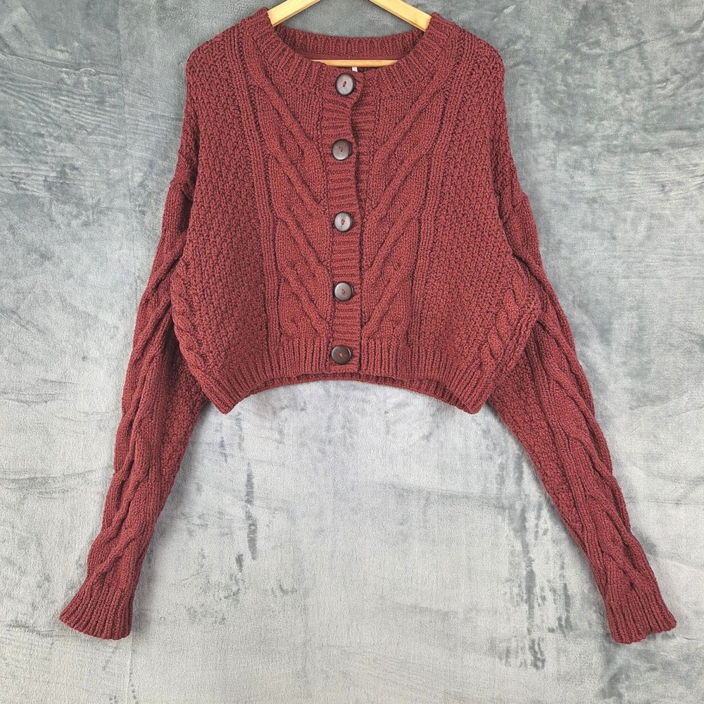 Free People Cardigan XL Red Bonfire Cable Knit Crop Boho Fisherman Cottage Cozy